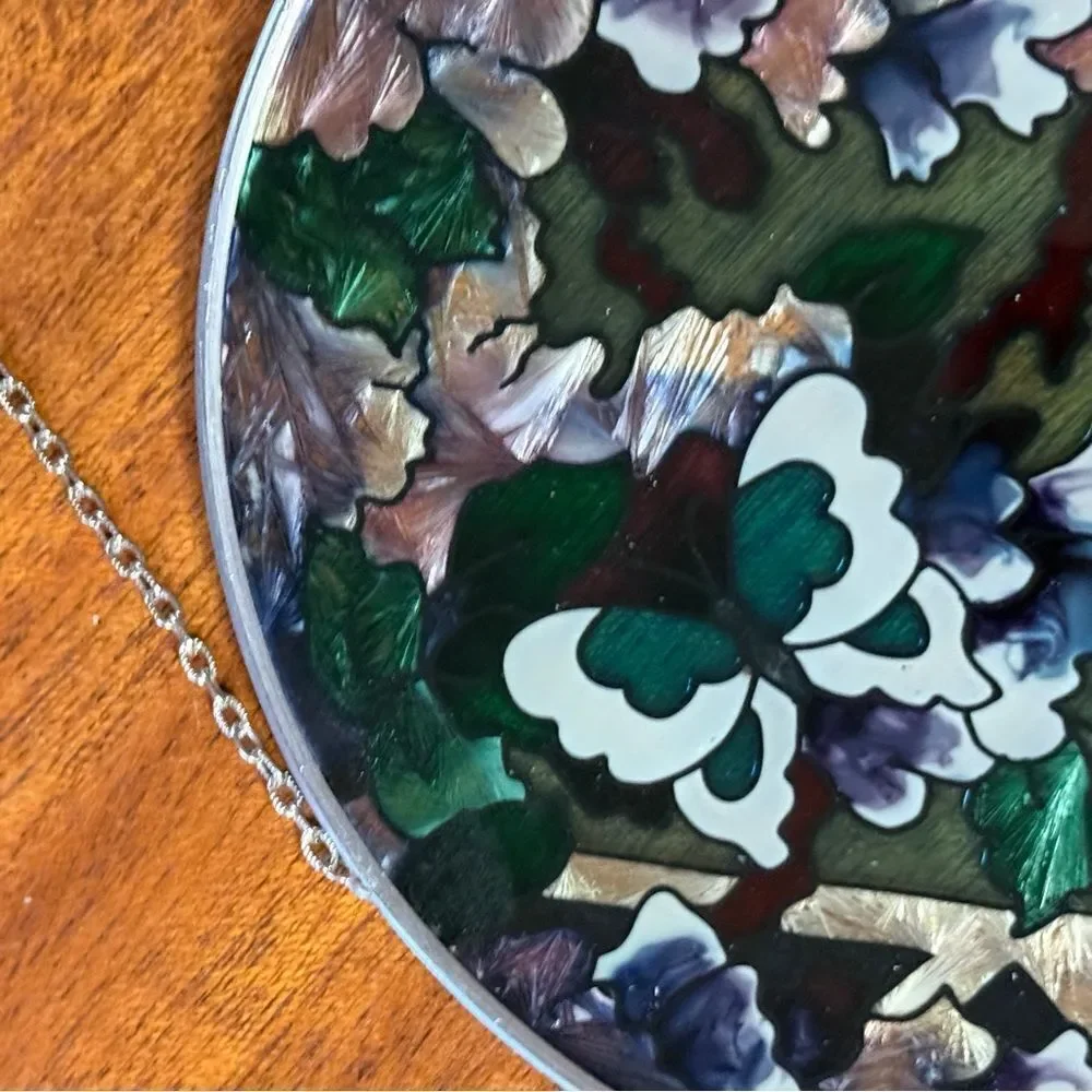 NIB Joan Baker Designs Hand Painted Stained Glass Suncatcher Butterfly Flowers